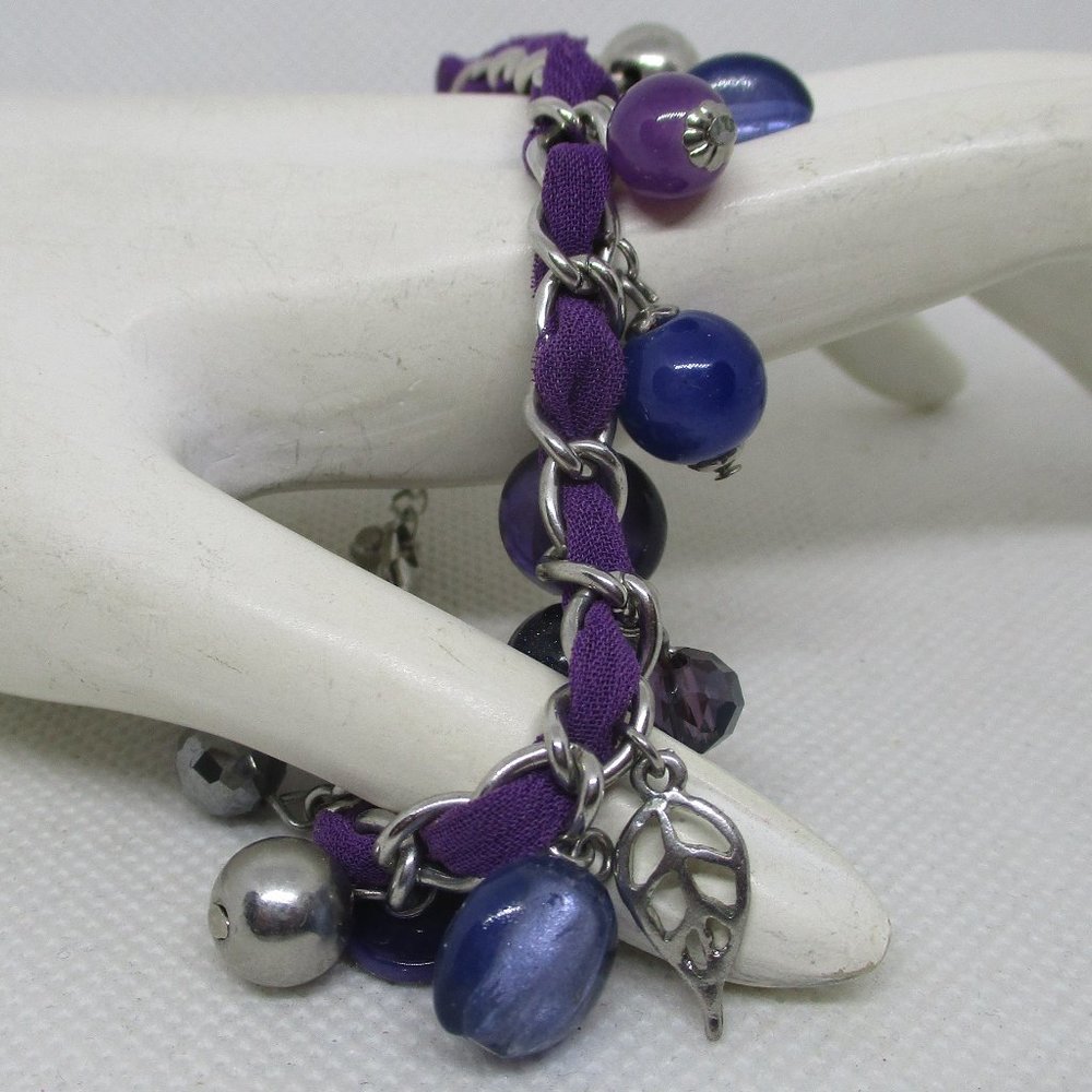 Charm Bracelet Blue Glass Beads Silver Tone Metal Beads Purple Ribbon